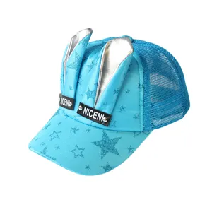 Kinder süße Hasenohren Mesh Baseball Cap mit Glitzer Sternen Druck blaue Sommer Sonn Mütze