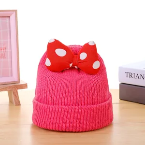 Kids winter warm knit beanie hat with cute red polka dot bow, soft comfortable cute toddler cap.