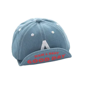 Cute infant denim baseball cap with red letter print, stylish spring autumn baby sun hat.