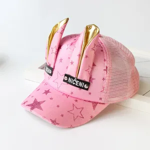 Süße Kinder Baseballcap in Rosa mit Hasenohren, Glitzer Sternen und atmungsaktivem Mesh Netz.