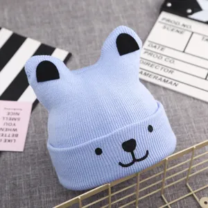 Cute winter baby knitted hat with bear ears, soft blue warm beanie for infant toddler kids.