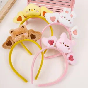 Cute cartoon plush animal headbands with lovely heart decor, soft daily hair hoops.