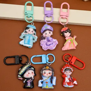 Cute ethnic style girl resin keychain DIY accessories set with colorful clasps, 6 pieces.