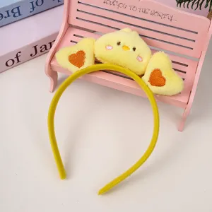 Cute yellow plush chick hair hoop with heart details, perfect for daily makeup and face washing.