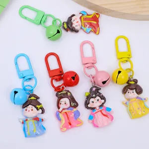 Cartoon Tang style princess resin keychain with bell, cute bag pendant for girls and kids.