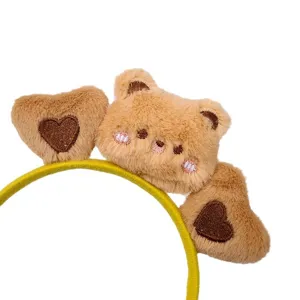 Cute plush bear headband for washing face, sweet fuzzy hair hoop with heart decor