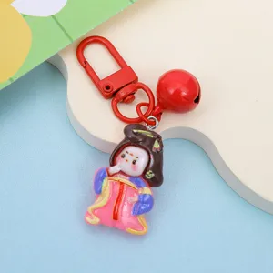 Cute Chinese style ancient princess keychain with red bell and metal clasp for bags and keys.