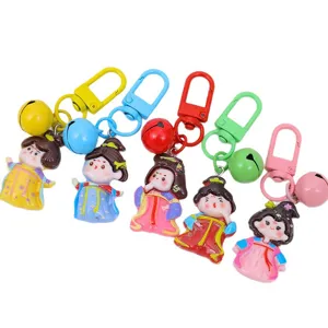 Cute cartoon Tang style princess keychain with colorful bells and resin pendant for kids gifts.