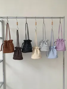 Pleated drawstring shoulder bag women detailed view, stylish design soft texture multi color