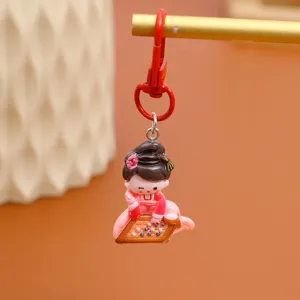 Exquisite ancient Chinese style cartoon girl keychain pendant, cute Go chess player design.