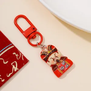 Chinese New Year God of Wealth resin keychain cute red lucky charm keyring DIY phone pendant bag accessory