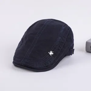 Mens casual cotton flat cap navy blue newsboy beret hat with stylish embroidery and metal badge.
