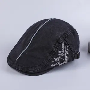 Men cotton retro flat cap with side embroidery detail, casual vintage duckbill hat for daily wear.