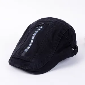 Black fashion beret hat for men and women, street style canvas flat cap with zipper ribbon.
