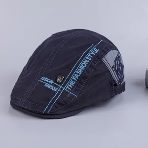 Men's cotton flat cap vintage ivy hat casual newsboy beret detail view showcasing embroidery.