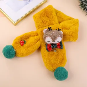 Kids plush faux rabbit fur winter scarf detail featuring cute cartoon elk design and green pom-poms.