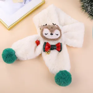 Cute children plush reindeer scarf with pom poms, soft warm winter accessory details.