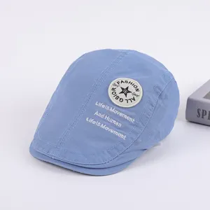 Men cotton flat cap ivy newsboy beret hat with stylish embroidery and badge detail blue