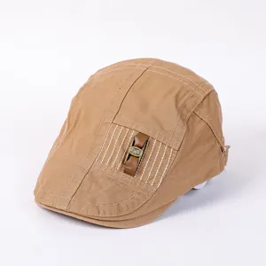 Khaki canvas flat cap retro beret stylish casual ivy hat with leather buckle design