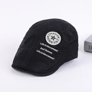 Men casual cotton flat cap black beret newsboy hat with stylish embroidered badge