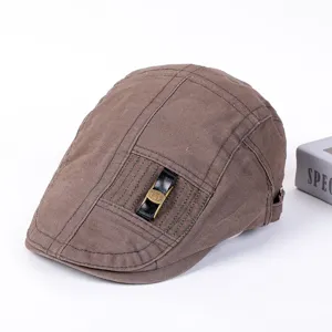 Retro brown cotton flat cap for men women, casual ivy newsboy hat with stylish metal buckle detail