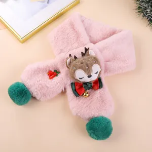 Kids pink plush scarf, cute cartoon elk faux rabbit fur winter warm neckerchief with green pom poms.