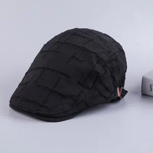 Men's black cotton ivy flat cap retro casual painter beret hat with grid texture