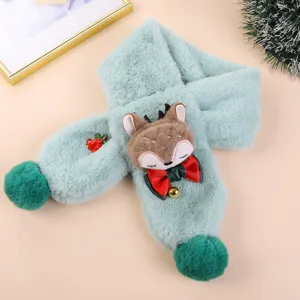 Kids faux fur winter scarf featuring a cute cartoon deer design, warm and soft plush neck warmer.