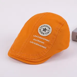 Mens casual cotton flat cap detail close-up, stylish retro beret hat for spring and autumn.