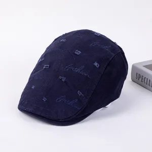 Distressed denim-style flat cap with fashion embroidery, casual unisex beret hat detail view.