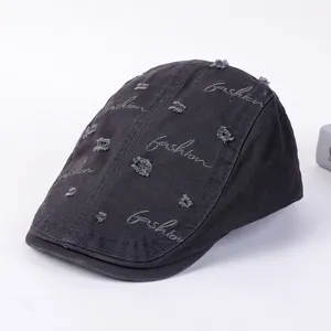Distressed fashion beret hat for men and women, stylish hip-hop flat cap retro design.