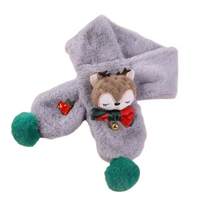Cute faux rabbit plush children winter warm scarf with cartoon reindeer design and double pom poms
