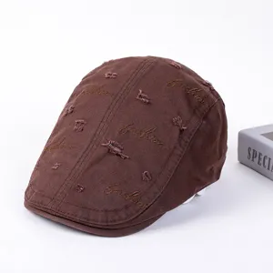 Distressed brown ivy flat cap with fashion embroidery, stylish hip-hop newsboy hat for men women.