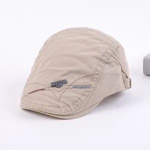 Men casual ivy cap cotton flat beret retro duckbill hat khaki newsboy hat with metal badge details