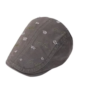 Vintage distressed flat cap for men and woman, stylish embroidered ivy beret hat for streetwear.