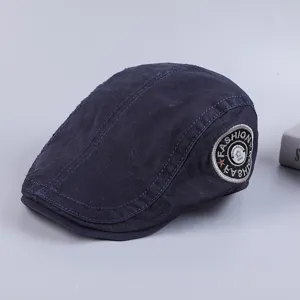 Men's cotton flat cap ivy hat vintage casual beret detailed side embroidered patch view.