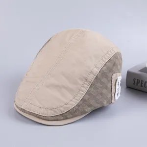 Detail view of men's cotton flat cap, British retro newsboy painter hat, casual fashion beret.