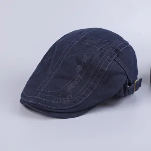 Dark blue cotton flat cap for men, stylish embroidered ivy cap with adjustable metal buckle.