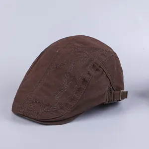 Classic men's brown flat cap casual cotton ivy newsboy beret hat with adjustable strap.
