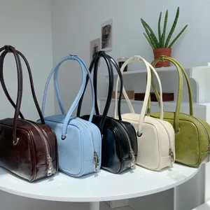 Retro Waxed Leather Underarm Bag Chic Large Capacity Shoulder Handbag Boston Pillow Bag For Women Daily