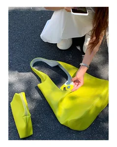 Yellow soft leather hobo shoulder bag detail view, casual daily large capacity tote bag