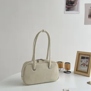 Minimalist cream white vintage boston shoulder bag, chic PU leather handbag for women.