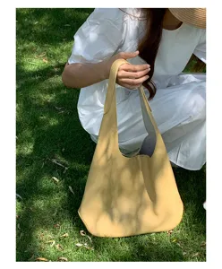 Women minimalist soft leather hobo bag casual large capacity yellow shoulder tote bag