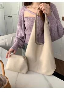 Casual soft leather shoulder tote bag with small pouch, large capacity minimalist design.