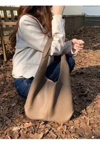 Brown soft leather shoulder tote bag, minimalist lazy style, large capacity daily bag.