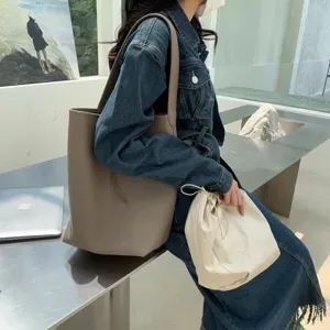 Women PU Leather Bucket Bag Large Capacity Solid Color Casual Shoulder Bag Tote Bag Fashion Daily Handbag