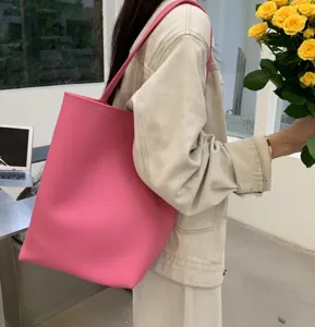Pink PU leather shoulder tote bag, large capacity solid color casual daily handbag.