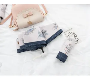 Vue détaillée du parapluie pliante automatique à fleurs, format compact pour soleil et pluie.