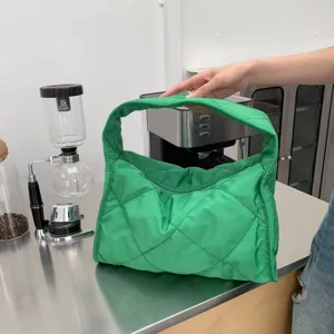 Green quilted puffer tote bag, lightweight casual hobo shoulder bag with pleated design.