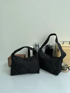 Black quilted nylon puffer tote bag, casual lightweight shoulder underarm bag for daily use